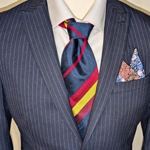 Navy Silk Kipper Necktie Red Yellow by Jean Mylord Paris