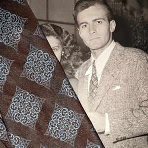 Corbata marrón y azul en tejido tapiz de seda vegana Vintage Kipper Tie imagen 7