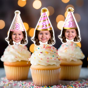 Face Photo Party hat, cupcake toppers, first milestone, party hat cupcake decoration, face on stick, funny face toppers, face topper hats