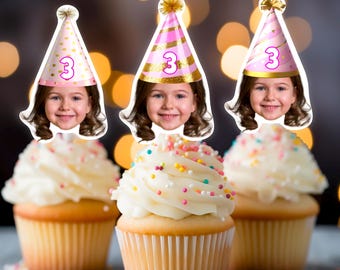 Personalized Face Photo Cupcake Toppers, Party Hats