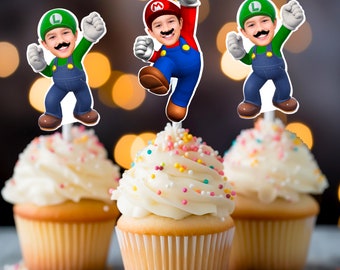 Digital Mario and Luigi, Bowser, Princess Peach Cupcake Toppers, Photo Cupcake Toppers, Mario Birthday Theme, Mario cupcake Toppers