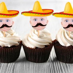 Mexican Cupcake Toppers, Photo Cupcake Toppers, PRINTABLE Cupcake Toppers with Photo, Mariachi Birthday Theme, Mexican hat cupcake Toppers