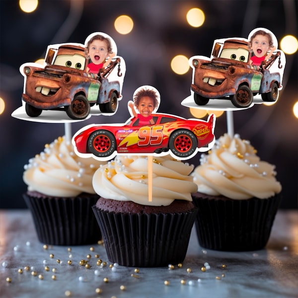 Lighting McQueen or Mater Cupcake Toppers, Cars Cupcake Toppers, Cupcake Toppers with Photo, Cars Birthday Theme