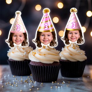 Personalized cupcake photo toppers, digital file, photo face topper, cupcake photo bday hat, anniversary, milestone pick, face cake topper