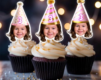 Personalized Photo Cupcake Toppers, Birthday Party Hats (Digital File)