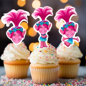 Digital Trolls Cupcake Toppers, Mohnblumen Cupcake Toppers, Foto Cupcake Topper, Trolle Geburtstagsthema