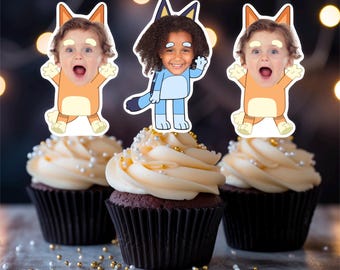 Bluey Birthday Cupcake Toppers, Personalized Photo Face
