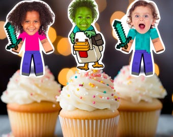 Personalized Gamer Birthday Cupcake Toppers, Photo Pixel Design