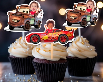 Cyfrowe ozdoby na babeczki z motywem McQueen lub Złomek, ozdoby na babeczki z motywem Auta, ozdoby na babeczki ze zdjęciem, motyw urodzinowy Auta