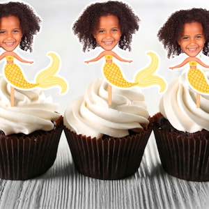 Mermaid Cupcake Toppers, Photo Cupcake Toppers, PRINTABLE Cupcake Toppers with Photo, Mermaid Birthday Theme, Mermaid cupcake Toppers