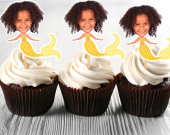 Adornos personalizados para cupcakes con foto de sirena para fiesta de cumpleaños (PDF)