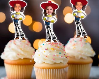 May include: Three cupcakes with white frosting and colorful sprinkles topped with a  toy story themed cupcake topper featuring a character wearing a red cowboy hat and a black and white cow print outfit.