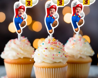 Mario Cupcake Toppers, Photo Cupcake Toppers, Cupcake Toppers with Photo, Mario Birthday Theme, Mario cupcake Toppers