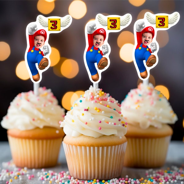 Mario Cupcake Toppers, Photo Cupcake Toppers, Cupcake Toppers con foto, Tema de cumpleaños de Mario, Mario cupcake Toppers