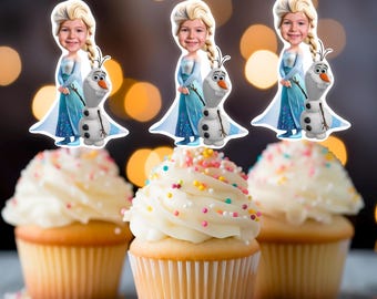 Frozen Birthday Cupcake Toppers: Elsa, Olaf, Photo (2.7 x 3 inches)