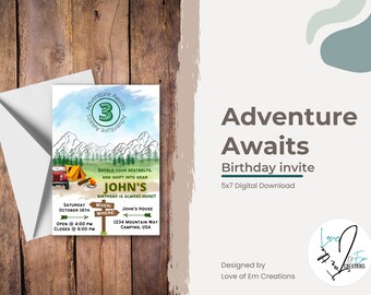 May include: A 5x7 digital download birthday invitation with a watercolour background featuring mountains, a campfire, a tent, and a car. The text reads "Adventure Awaits" and "John's Birthday is almost here!" with details about the party location and time. The invitation is designed by Love of Em Creations.