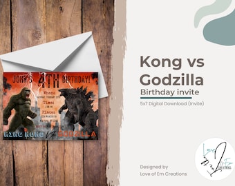 May include: A digital birthday invitation featuring King Kong and Godzilla facing off against each other. The invitation is red and orange with black text that reads "John's 4th Birthday!" and "Kong vs Godzilla".