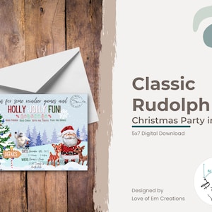 Invitaciones clásicas para fiesta de Navidad de Rodolfo el Grande (descarga digital)
