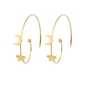 Moon & Star, Delicate Dainty, Minimalist Hoop Earrings, Hypoallergenic 18K Gold Plated, Handcrafted Nickel-Free Jewelry