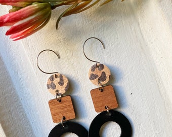 Leopard leather earrings for women,  cat lover gift for women, dangle earrings, boho wood earrings, caturday, wood and leather earrings