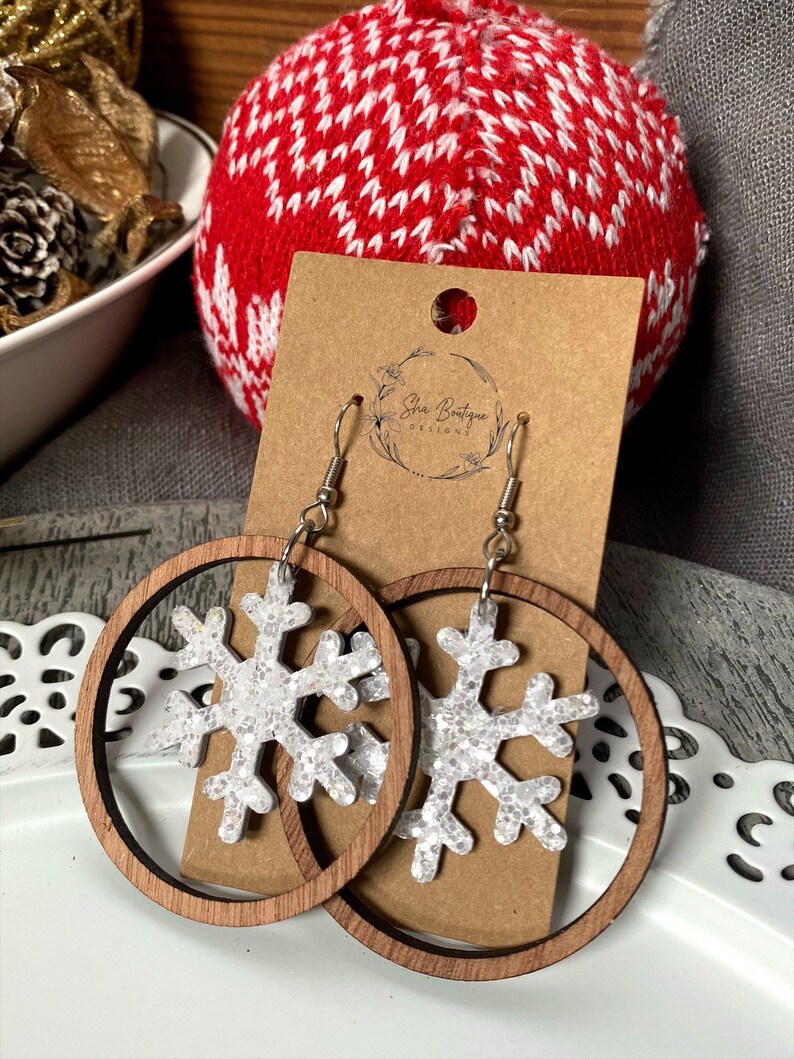 Winter snowflake leather and wood earrings holiday Christmas image 1