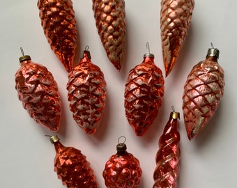 Orange/Copper Glass Pinecones & Pendants - Vintage Christmas Decorations/Ornaments