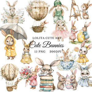 Ilustração em aquarela de conjunto de clipart de coelhinhos fofos para artesanato, scrapbooking, decoupage de registro no diário