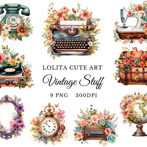 Watercolor Vintage stuff set PNG with colorful flowers for clipart, scrapbook , handmade