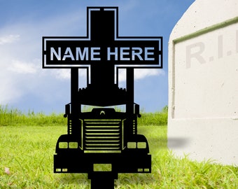 Kenworth W900 - Metal Cross - Trucker Memorial - Cemetery Stake - Personalized - Free Shipping