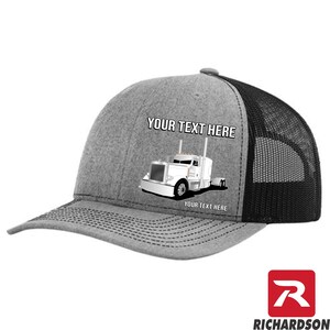 May include: A gray and black trucker hat with a white semi-truck illustration and the text "YOUR TEXT HERE" on the front.