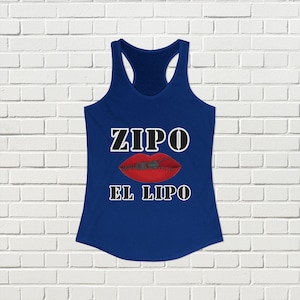 May include: A dark blue racerback tank top featuring the white text ZIPO above a graphic of red lips with a closed zipper across the center, and the white text EL LIPO below the lips, all centered on the front of the garment.
