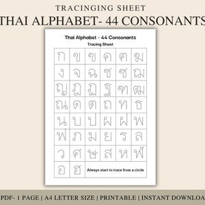 Puede incluir: Una hoja de calco blanca con el texto "Thai Alphabet - 44 Consonants" y una cuadrícula de caracteres consonánticos tailandeses. Cada carácter es una línea de puntos para calcar. La hoja incluye la frase "Always start to trace from a circle."