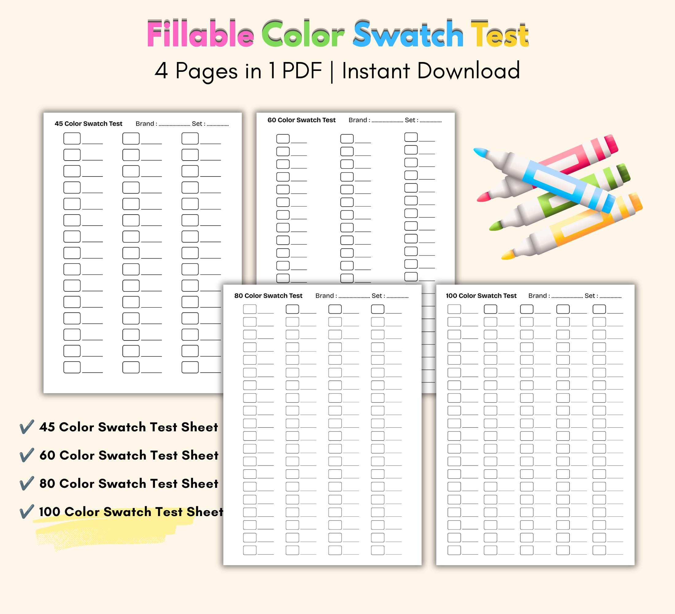 Color Swatch Test Color Swatch Chart Printable Bundle | Marker Test Template PDF (instant ...