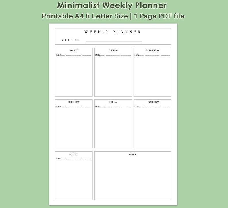 Minimalist Weekly Planner PDF | A4 Vertical Printable Undated Planner ...