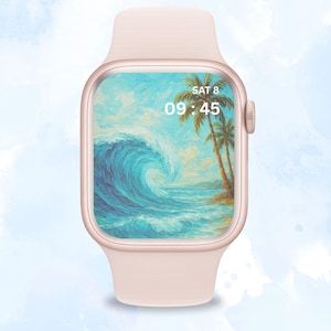 Könnte beinhalten: Hellrosa Smartwatch mit Strandmotiv auf dem Display. Der Bildschirm zeigt ein Gemälde einer großen Ozeanwelle, Palmen und die Uhrzeit 09:45 Uhr am Samstag, dem 8. Die Uhr hat ein roségoldenes Gehäuse und ein passendes hellrosa Armband.