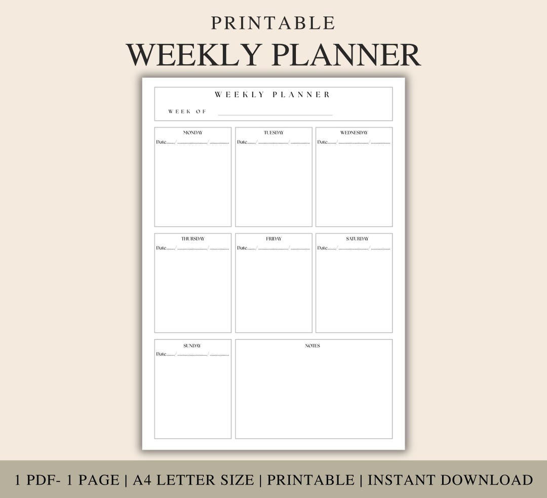 Minimalist Weekly Planner PDF: A4 Printable, Monday Start - Etsy