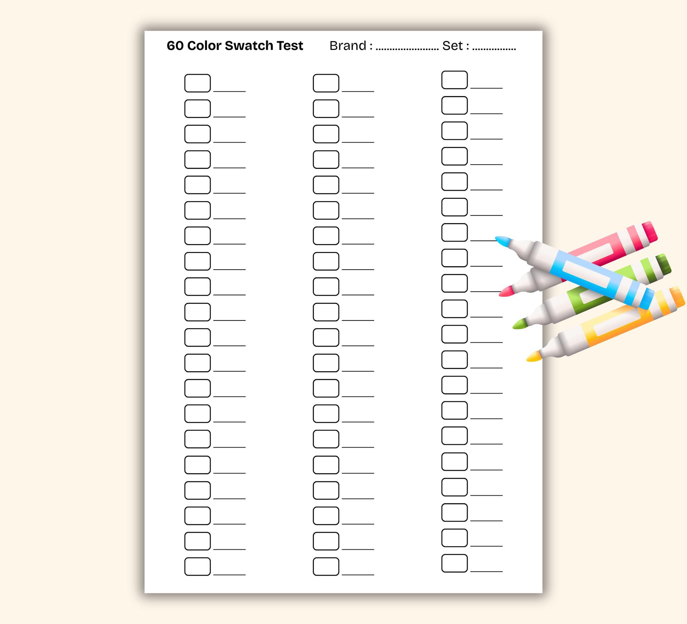 Color Swatch Chart Printable Bundle | Marker Test Template PDF (instant ...