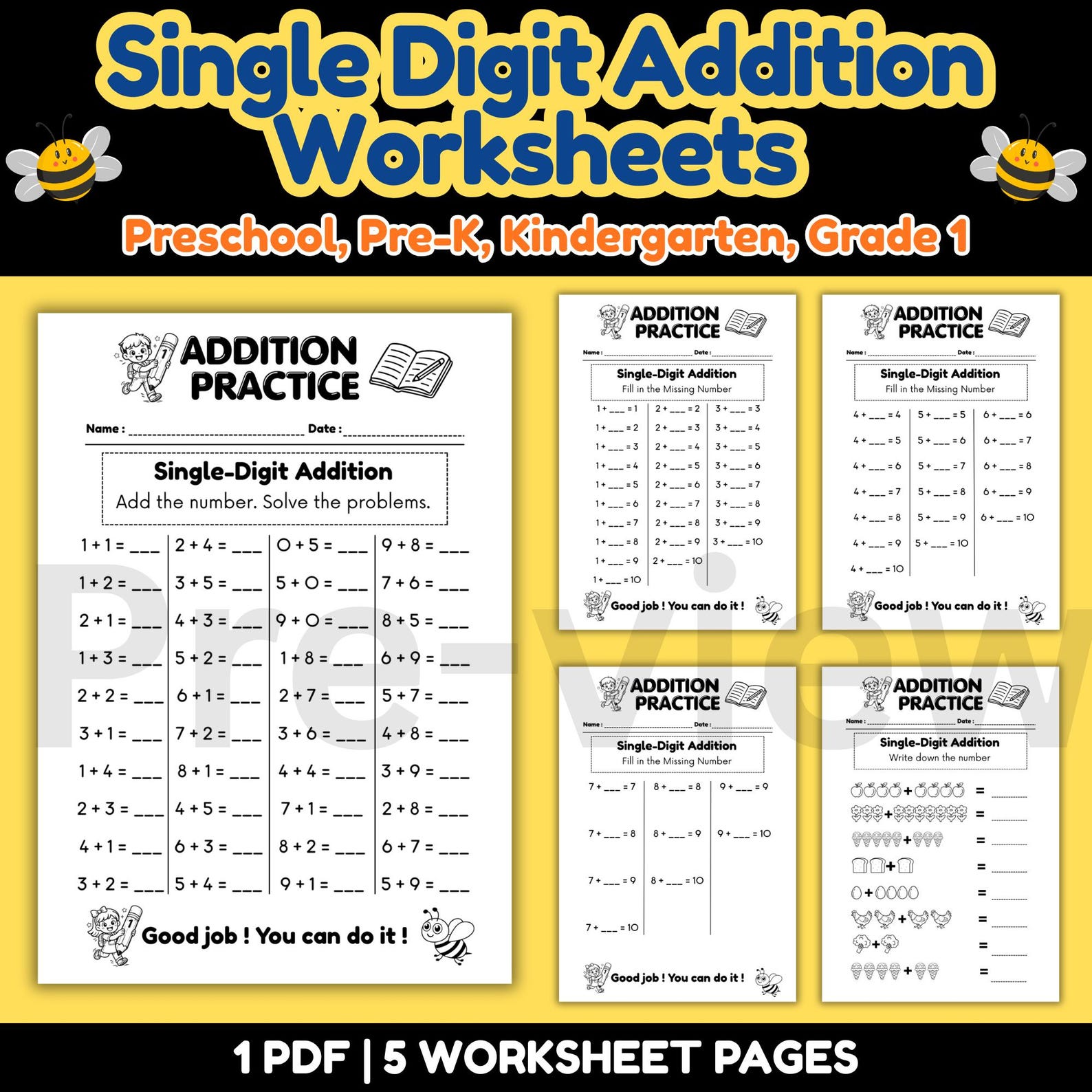 Single Digit Addition Worksheets | Kindergarten Math Practice (PDF) - Etsy