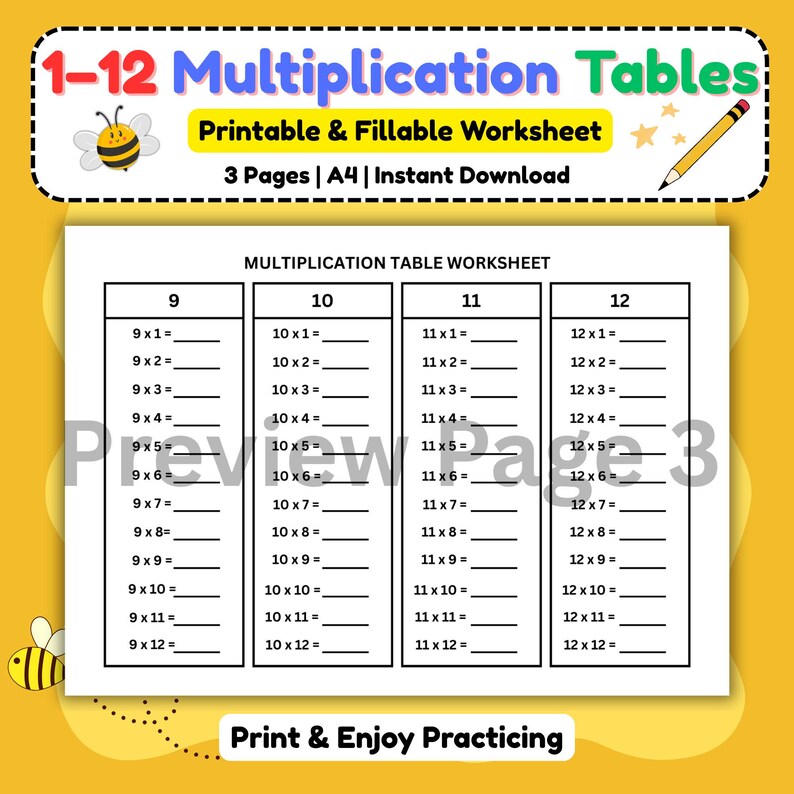 Printable Multiplication Tables 1-12 – Math Practice Worksheets (PDF ...