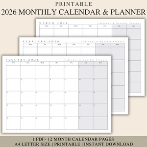May include: Printable 2026 monthly calendar and planner. The image shows three white calendar pages, with the months of January, February, and March visible. The calendar pages have a simple, clean design with a grid layout. The text "PRINTABLE" and "2026 MONTHLY CALENDAR & PLANNER" are at the top.