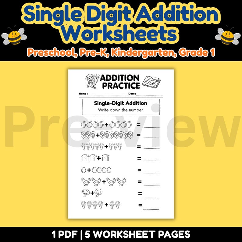 Single Digit Addition Worksheets | Kindergarten Math Practice (PDF) - Etsy