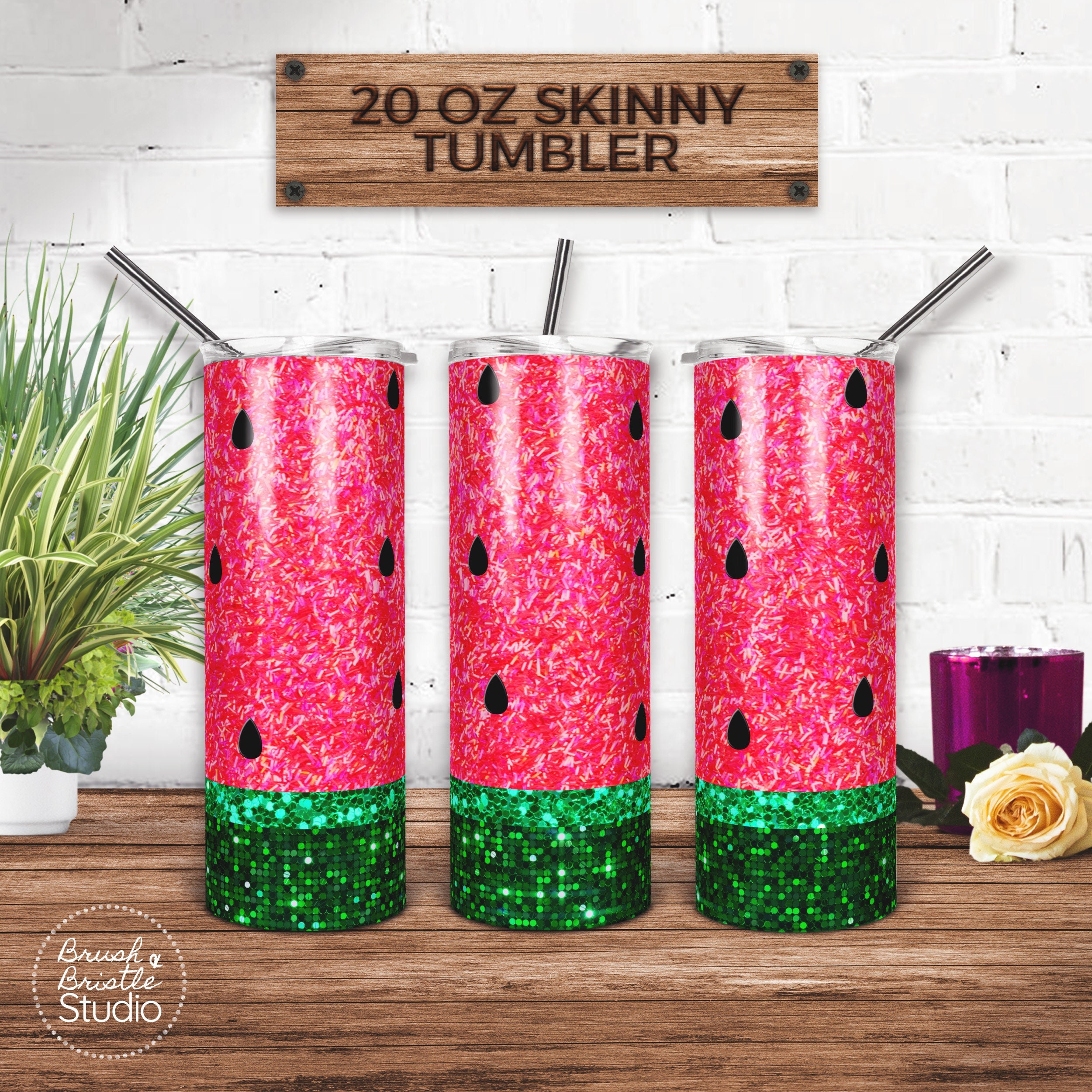 Pink and Green Glitter Watermelon and Seeds Sublimated 20 Oz Skinny Tumbler  Custom Gift Rubber Bottom Free Personalization 