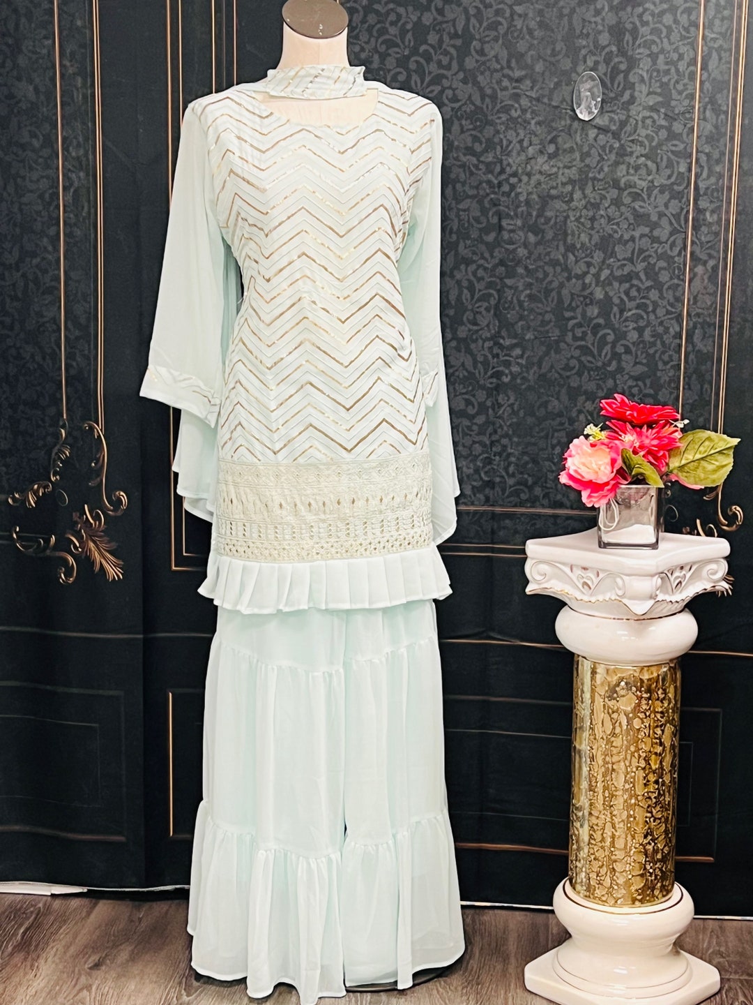 Blue Mirror Sharara Set