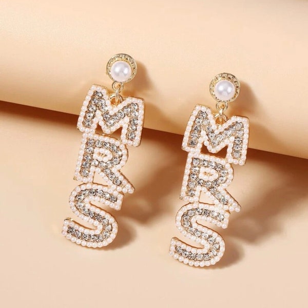 Mrs Rhinestone drop earrings, bride lettering earrings