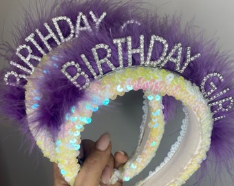 Birthday girl headband, birthday girl sequinned rhinestone headband, fluffy headband