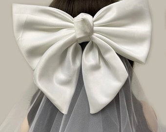 Bride bow, white hair bow, bride to be hair bow, wedding veil