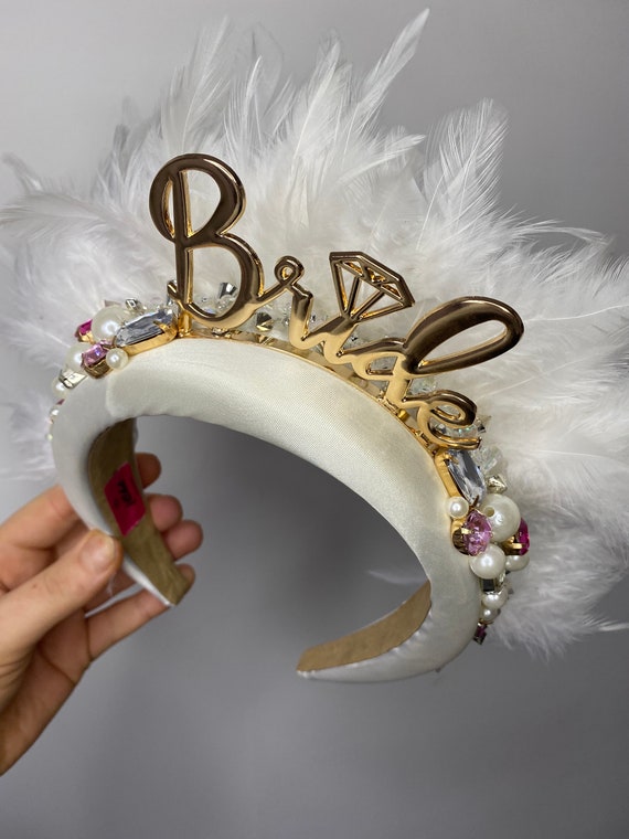 Bride to Be Gemstone Feathered Headband Bride Hair Crown