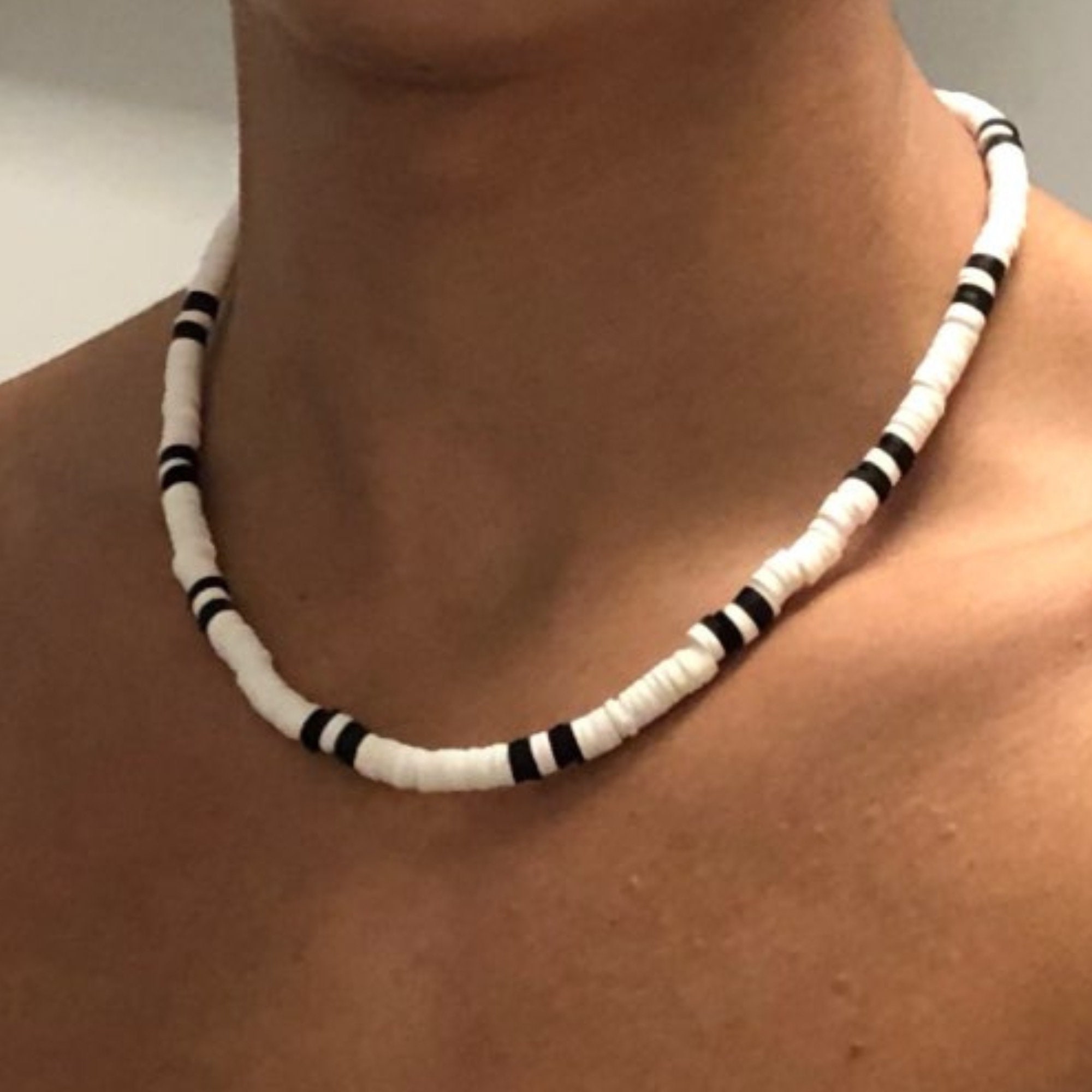 Buy the Mens White and Black Polymer Beaded Necklace