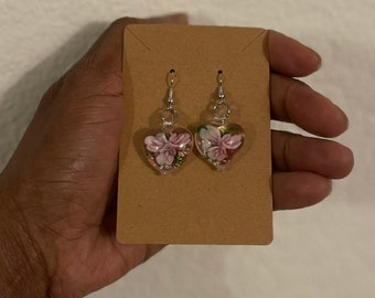 Handmade Murano Lampwork Glass Heart Earrings: Vintage Floral Glaze