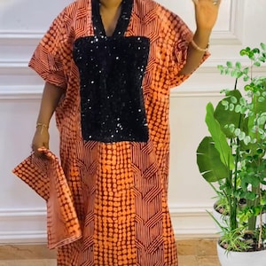 Cotton Ankara and Black Sequin Fabric Long Kaftan Maxi Dress | Comfortable 2-Piece African Print Loose Fit Cover-up Bubu - Gift for Her